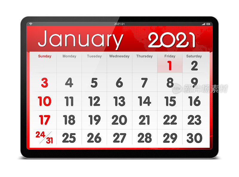 (Clipping path) January 2021 calendar on digital tablet isolated